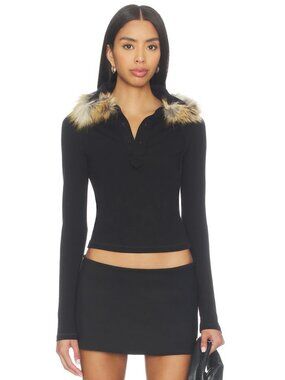 NEW Ottolinger Furry Fitted Polo Top in Jet Black & Faux Fur Long Sleeve Sweater